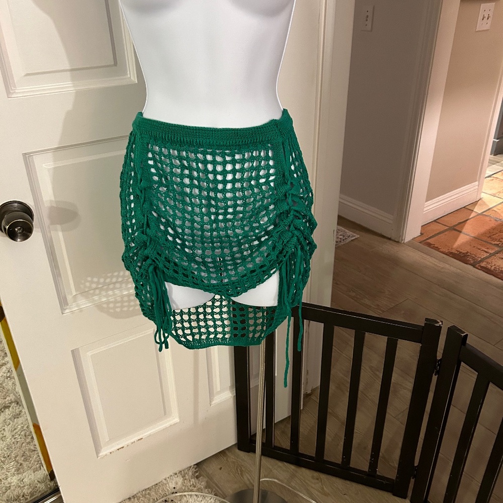 Green Crochet Ruched Swim Mini Skirt Cover Up
